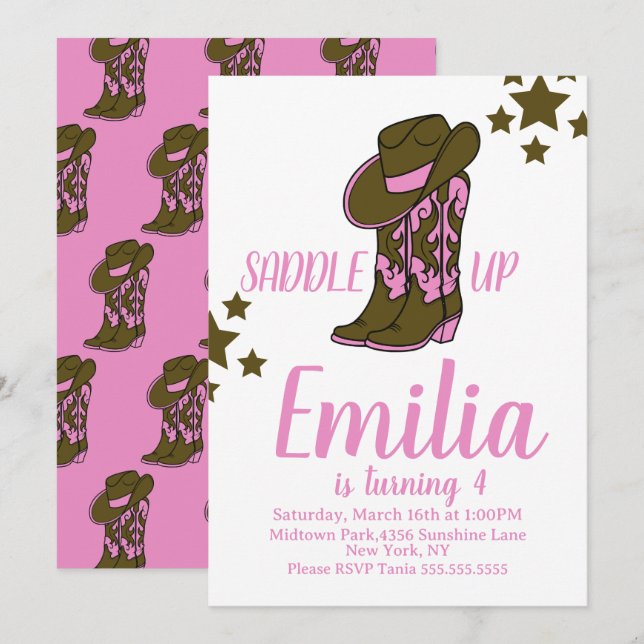 Invitación Botas de vaquera Cumpleaños Temático de Caballo Ro (Anverso / Reverso)