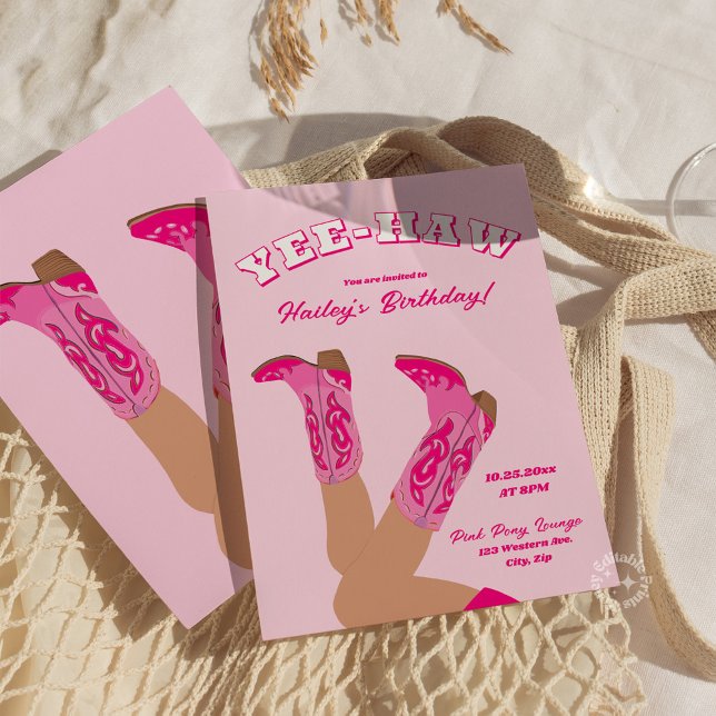 Invitación Botas de Vaquera Cumpleaños Yee-Haw (pink cowgirl yee-haw birthday invite)