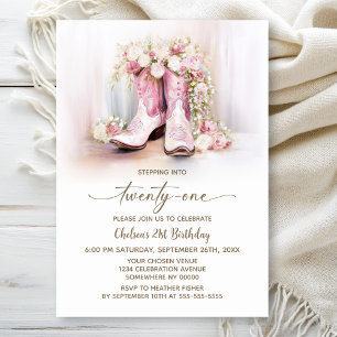 Invitación Botas de vaquera florales rosadas Cumpleaños 21