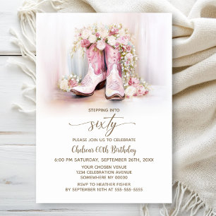 Invitación Botas de vaquera florales rosadas Cumpleaños 60