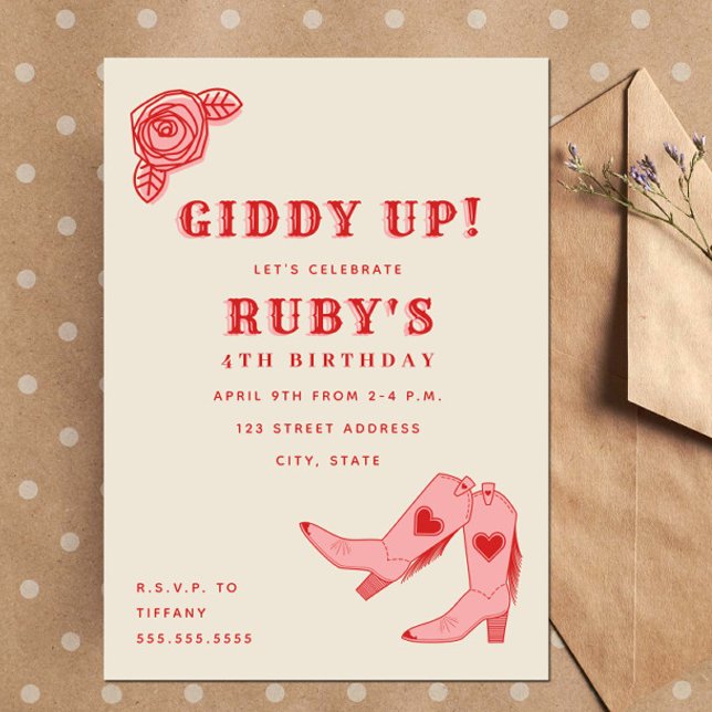 Invitación Botas de vaquera rosadas Giddy Up cumpleaños rosa (Subido por el creador)