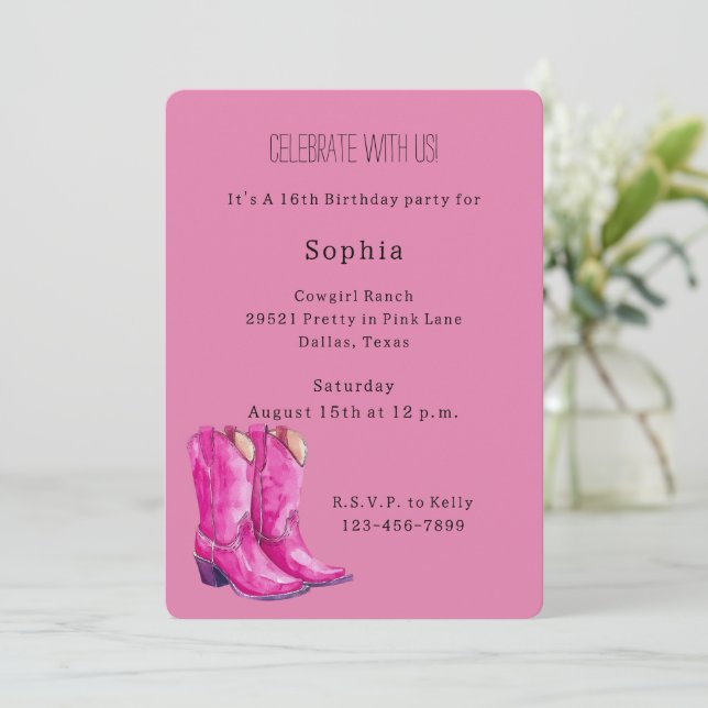 Invitación Botas de vaquera rosadas negras blancas con estamp (Anverso de pie)