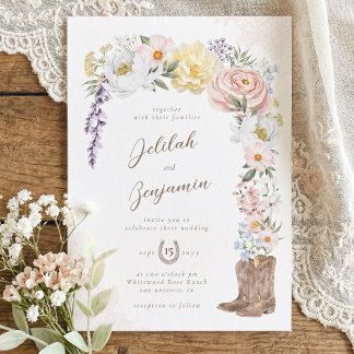 Invitación Botas de Vaquero con Acuarela Floral de Boda Occid