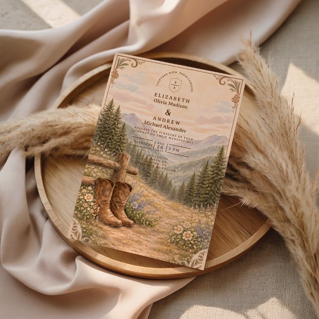 Invitación Botas de vaquero de boda de bosque de montaña (Subido por el creador)