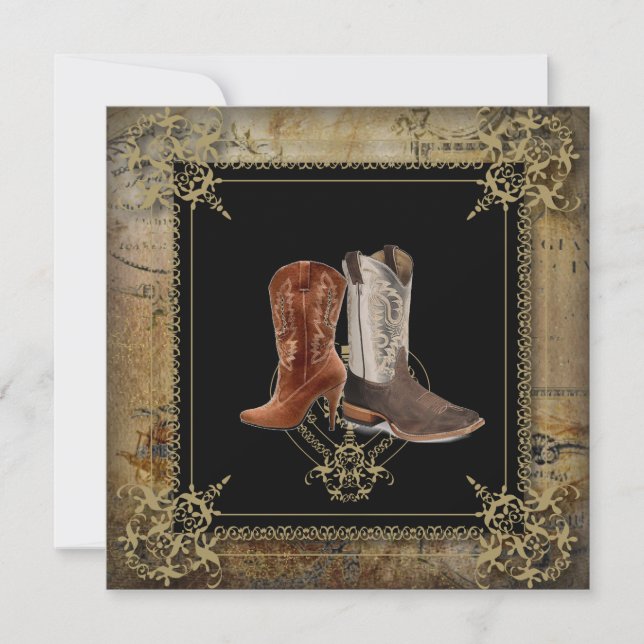 Invitación botas de vaquero de boda western enganchadas (Anverso)