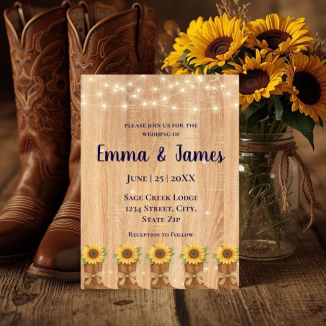Invitación Botas de Vaquero de Girasol Rústico Boda de Madera (Rustic sunflower cowboy boots wedding invite—perfect for country barn and western-themed weddings.)