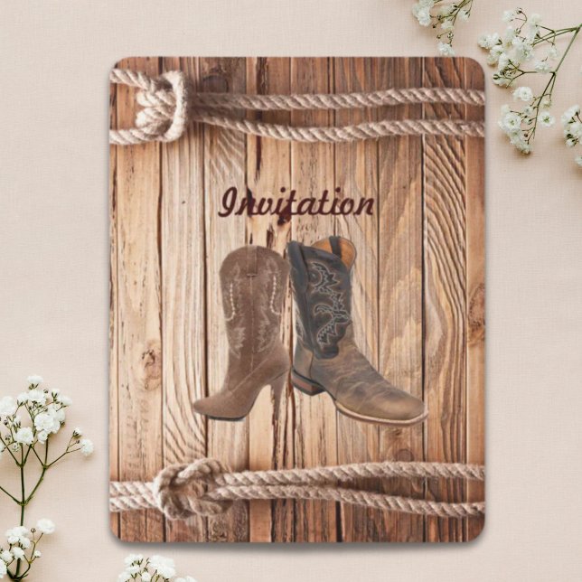 Invitación Botas de vaquero de madera de granero Boda country (barn wood Cowboy Boots Western country Wedding Invitation)