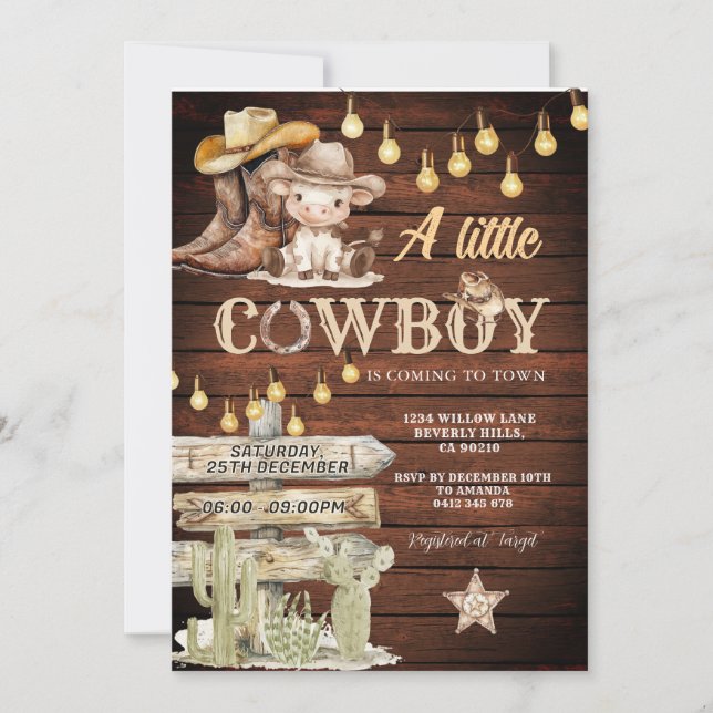 Invitación Botas de Vaquero de Madera y Fiesta de Bebé de Cac (Anverso)