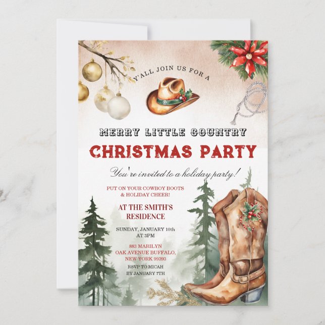 Invitación Botas de Vaquero Fiesta de Navidad Country Alegre (Anverso)