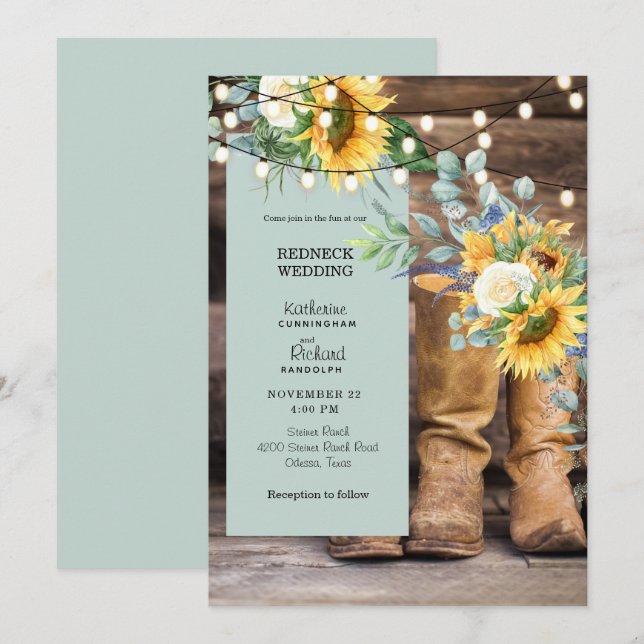 Invitación Botas de vaquero para boda de paleto con luces de  (Anverso / Reverso)