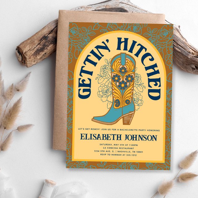 Invitación Botas de Vaquero Se Van a Casar Fiesta de Despedid (Cowboy Boot Gettin' Hitched Bachelorette Party Invitation)