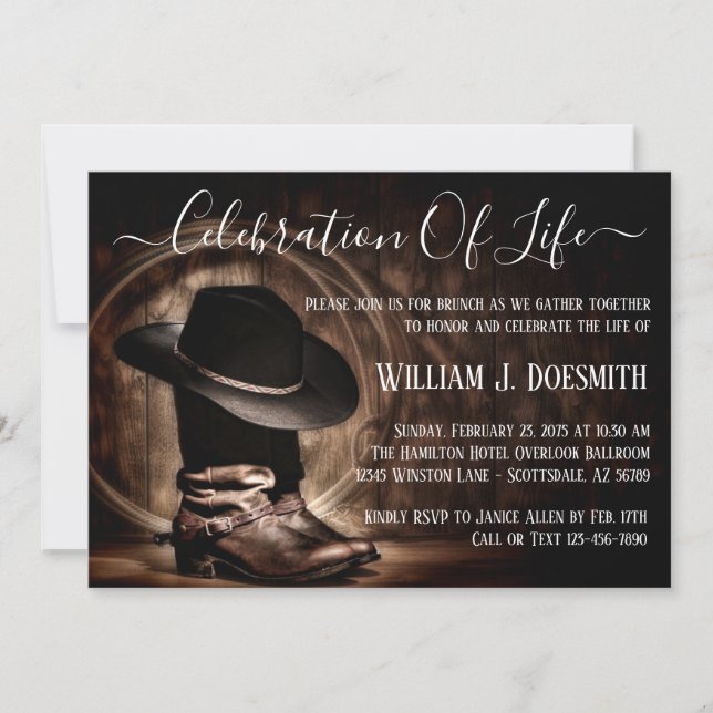 Invitación Botas de Vaquero Sombrero de Vaquero Funeral Servi (Anverso)