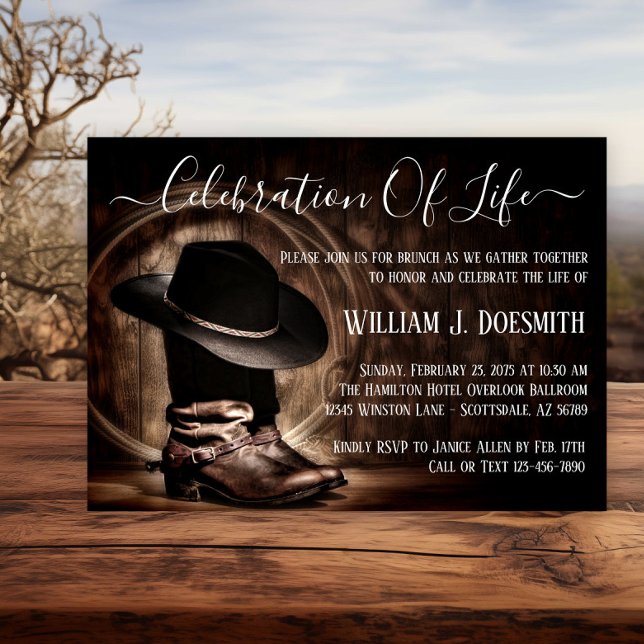 Invitación Botas de Vaquero Sombrero de Vaquero Servicio Fune (Rustic cowboy memorial or funeral notice. )