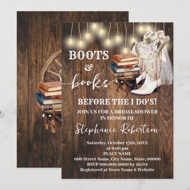 Invitación Botas del Oeste y Libros Antes de la Despedida de  (Anverso / Reverso)