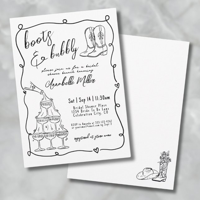 Invitación Botas Dibujadas a Mano y Despedida de Soltera Burb (Hand Drawn Boots And Bubbly Bridal Shower Invitation)