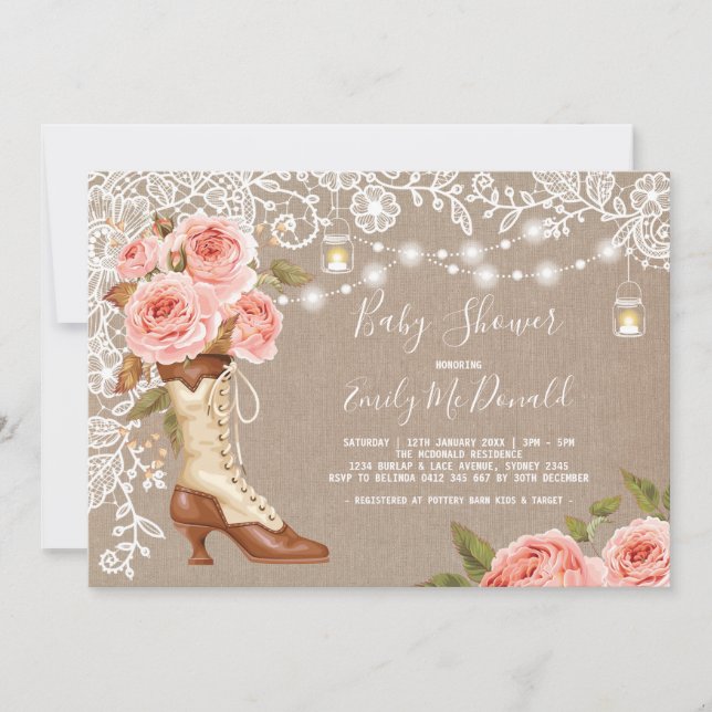 Invitación Botas florales de la vaquera de Baby Shower del (Anverso)