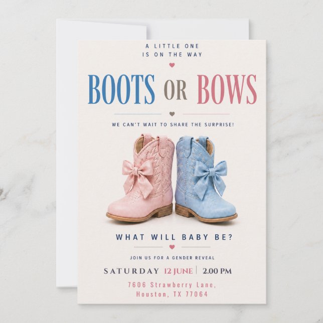 Invitación Botas o Arcos Revelación de Género Código QR Rosa  (Anverso)