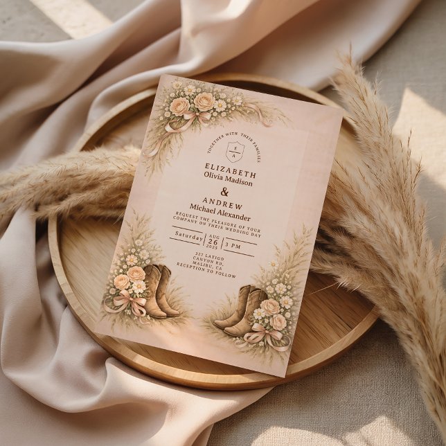 Invitación Botas occidentales de boda con rubor suave (Subido por el creador)