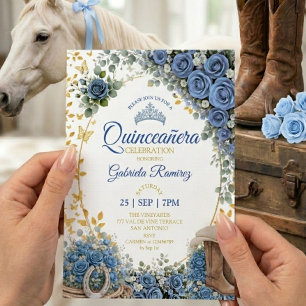 Invitación Botas Occidentales Rosas Azules Quinceañera Dorada