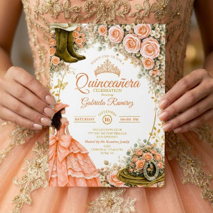 Invitación Botas occidentales rosas melocotón doradas Quincea