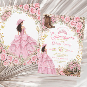 Invitación Botas occidentales rosas rosadas Quinceañera dorad