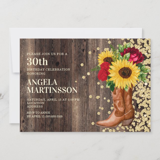 Invitación Botas Rústicas Cumpleaños 30 Girassoles Rosas Roja (Anverso)