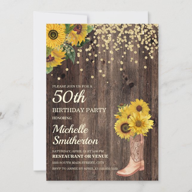 Invitación Botas Rústicas de Girasol con Brillo Cumpleaños 50 (Anverso)