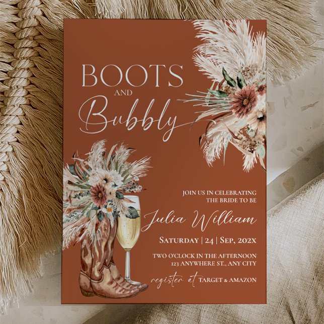Invitación Botas rústicas de terracota y fiesta de despedida  (Rustic Terracotta Boots and Bubbly Bridal Shower Invitation | Western Boho Pampas Grass)