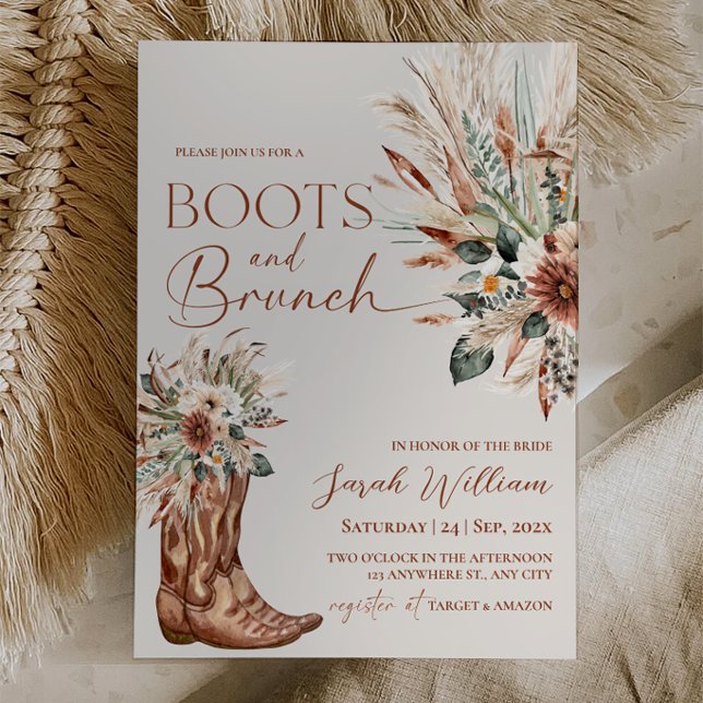 Invitación Botas Rústicas de Vaquero Desayuno Almuerzo de Bod (Rustic Western Boots and Brunch Bridal Shower Invitation | Boho Terracotta Pampas Grass)