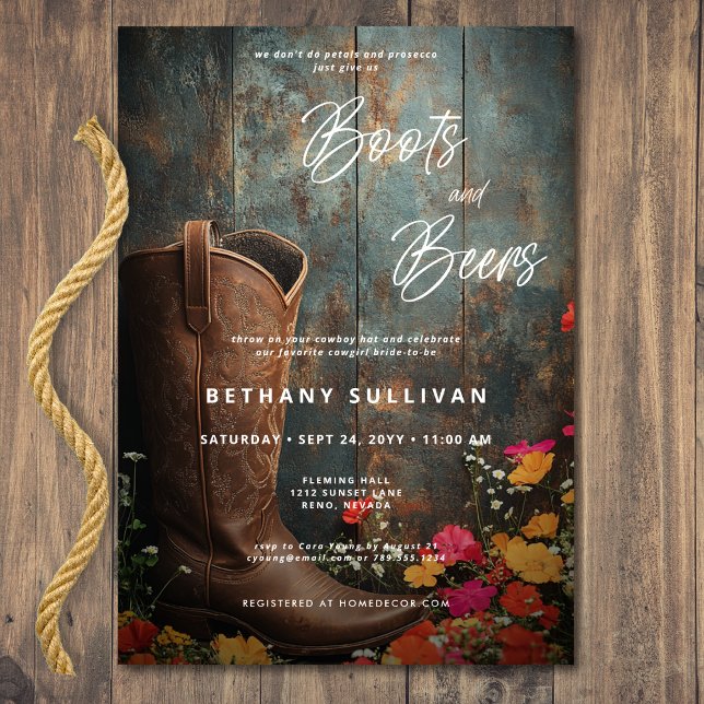 Invitación Botas rusticas occidentales y duchas de novias (Western Rustic Boots & Beers Bridal Shower Invitation)