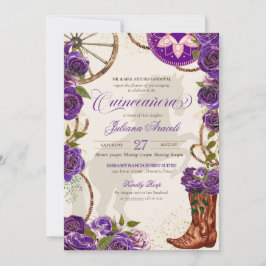 Invitación Botas Vaqueras Charro Rosa Púrpura Quinceañera