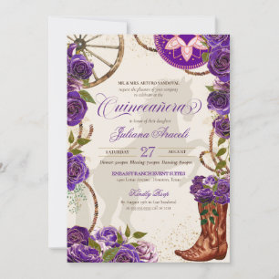 Invitación Botas Vaqueras Charro Rosa Púrpura Quinceañera