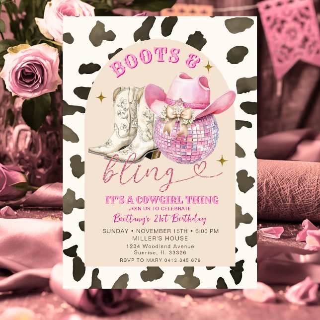 Invitación Botas vaqueras con estampado de vaca y brillo de c (Subido por el creador)