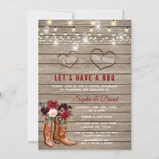 Invitación Botas vaqueras de flores de Borgoña I DO BBQ (Anverso)