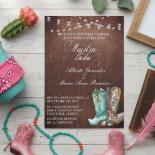 Invitación Botas vaqueras de madera rústica española
