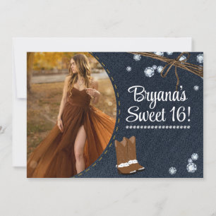 Invitación Botas Vaqueras Denim y Diamantes Foto de cumpleaño