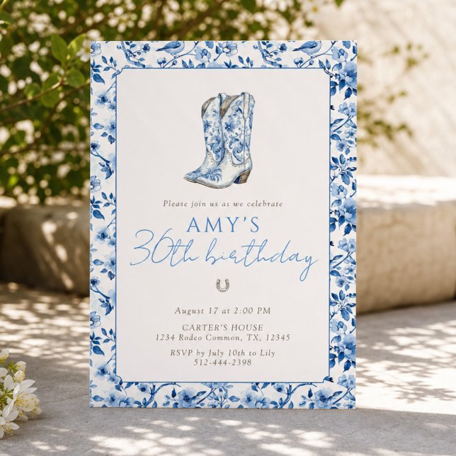 Invitación Botas vaqueras florales azules para cumpleaños 30 (Subido por el creador)