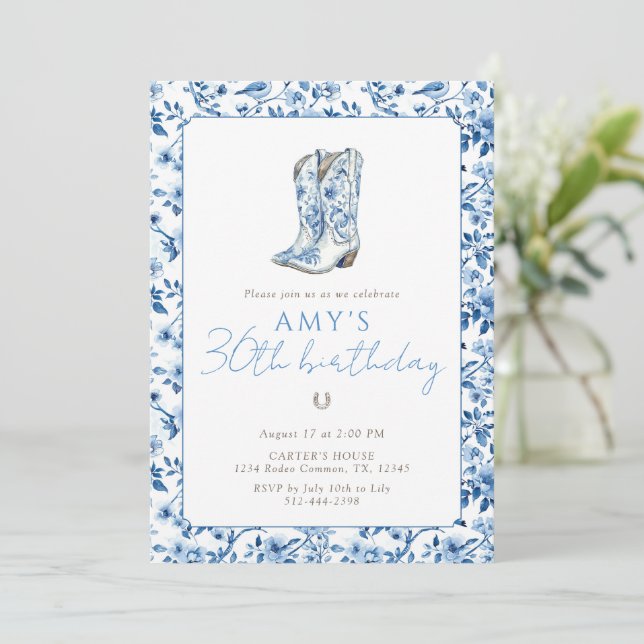 Invitación Botas vaqueras florales azules para cumpleaños 30 (Anverso de pie)
