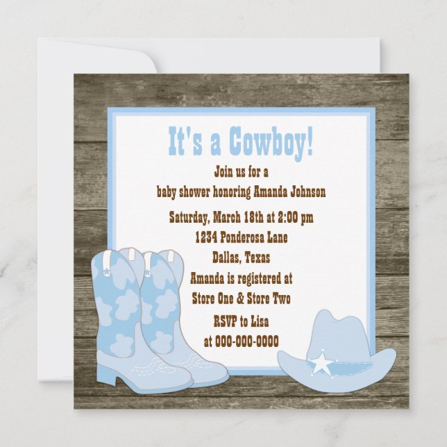 Invitación Botas vaqueras marrones y azules Baby Shower Cowbo (Reverso)