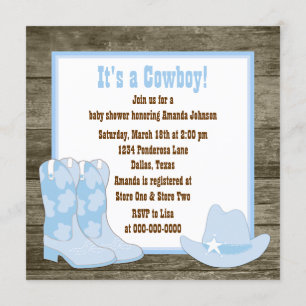 Invitación Botas vaqueras marrones y azules Baby Shower Cowbo