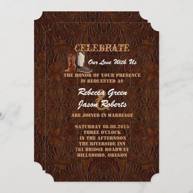 Invitación botas vaqueras modernas de cuero marrón para boda  (Anverso / Reverso)
