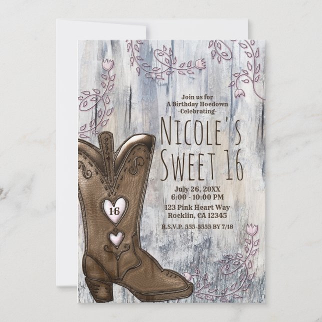 Invitación Botas vaqueras rosadas rústicas lindas Sweet 16  (Anverso)