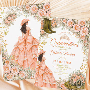 Invitación Botas Vaqueras Rosas Melocotón Quinceañera Dorada