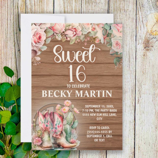 Invitación Botas vaqueras rústicas rosas rosadas Sweet 16  (Subido por el creador)