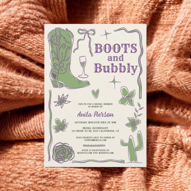 Invitación Botas verdes púrpura botas burbujas burbujeante du (Purple green scribbles boots bubbly bridal shower invitation)