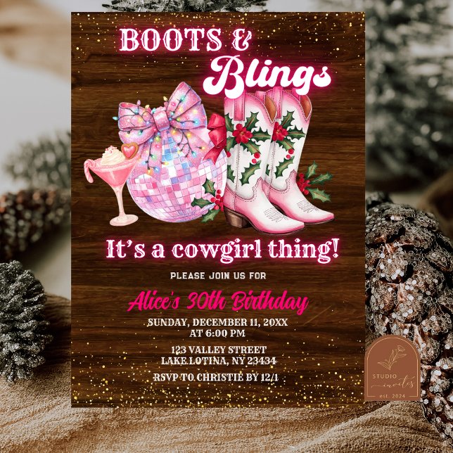 Invitación Botas y adornos de Navidad de invierno rosa Cumple (Subido por el creador)