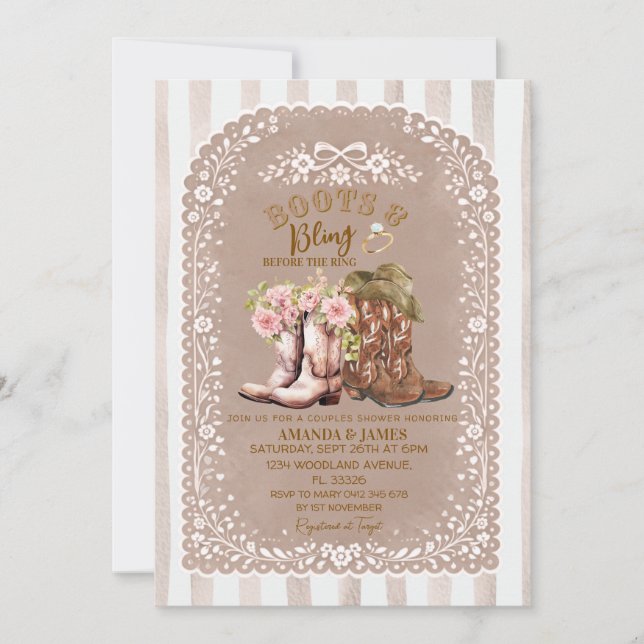 Invitación Botas y Brillo Regadera de parejas vaqueras (Anverso)