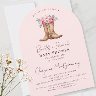 Invitación Botas y Brunch Baby Shower Floral Suave Rosa