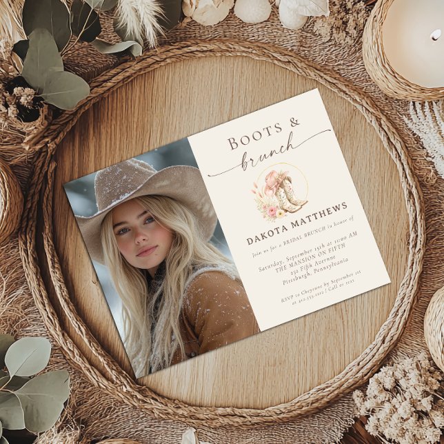 Invitación Botas y Brunch Fiesta de Despedida de Soltera Flor (Boots and Brunch Floral Western Photo Inviation)
