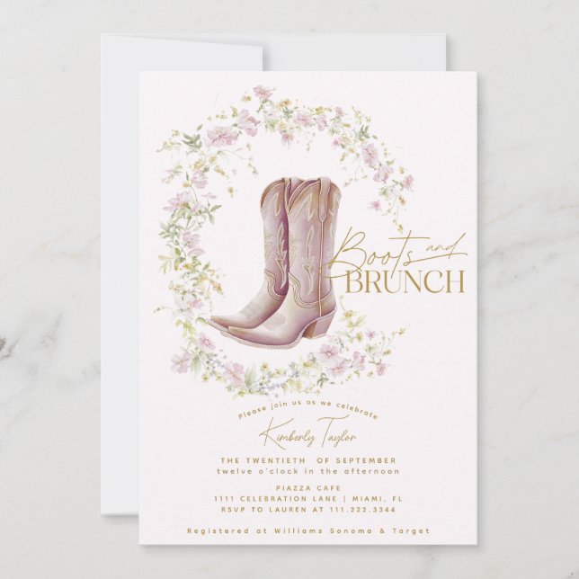 Invitación Botas y Brunch Rosa Despedida de Soltera con Flor  (Anverso)